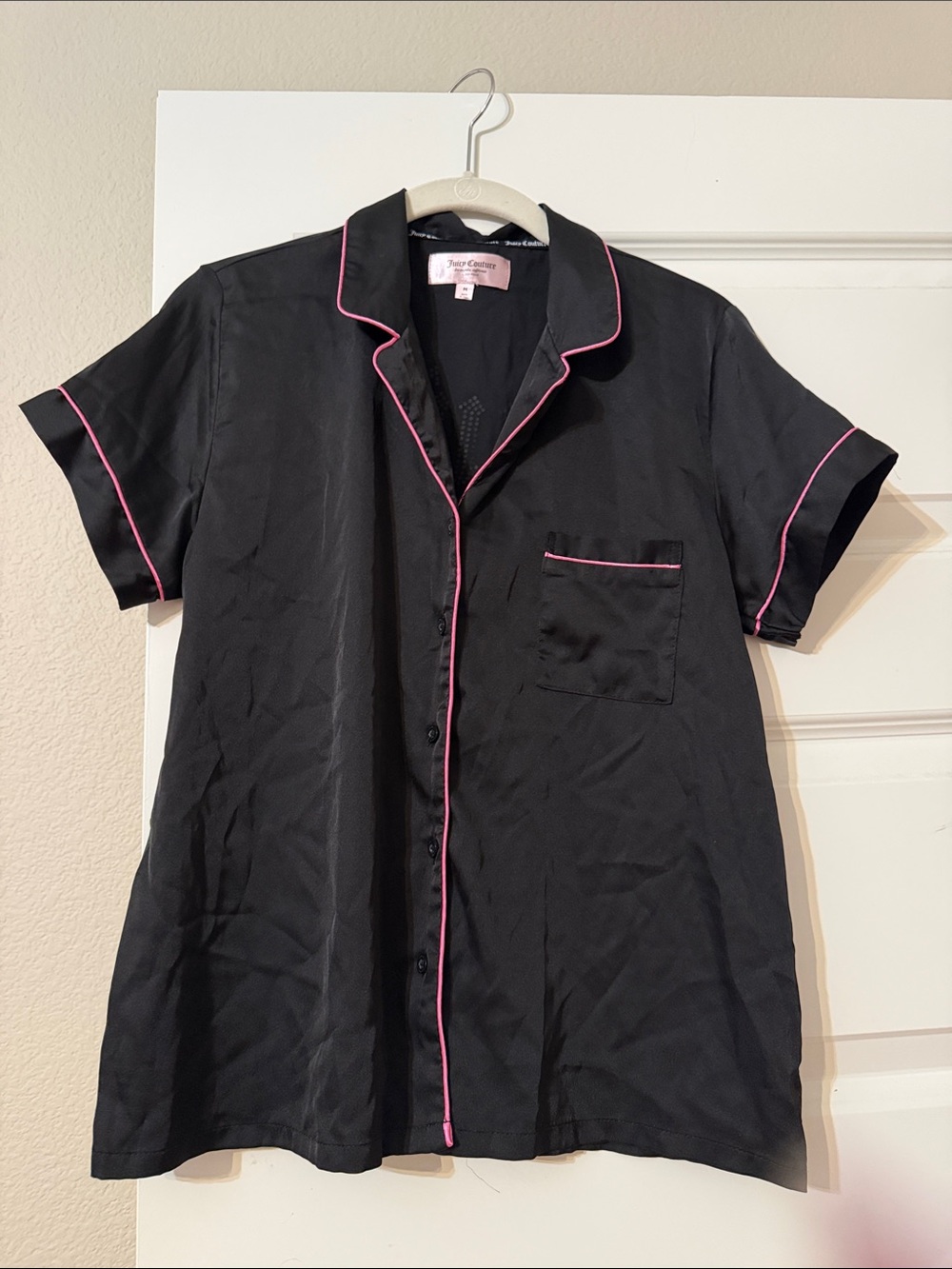 Juicy Couture Black Satin Short-Sleeve Pajama Top with Pink Piping